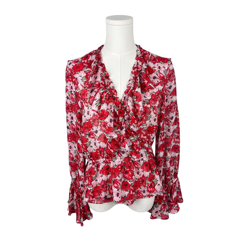 Rixo Red Floral Ruffle Trim Long Sleeve Silk V Neck Wrap Top S